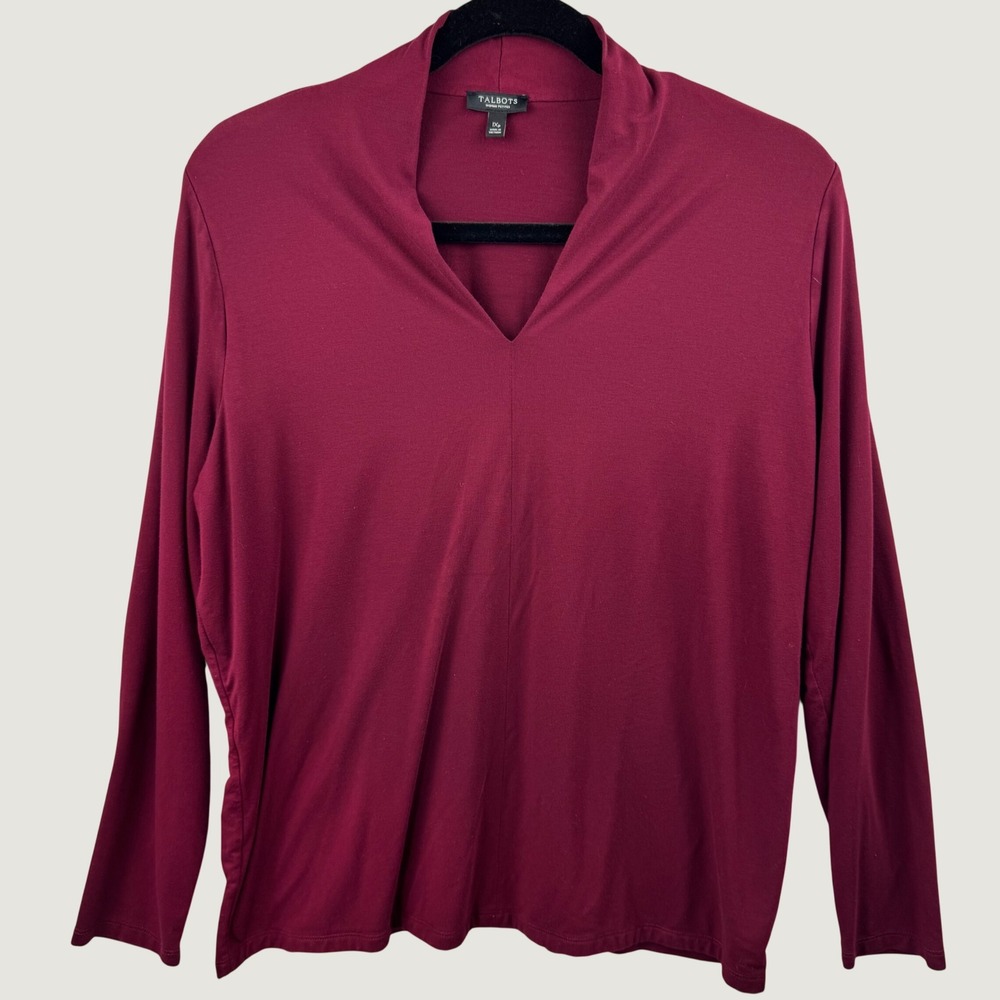 Talbots V-Neck Top Women 1XP Burgundy Long Sleeve Jersey Knit Career Minimalist